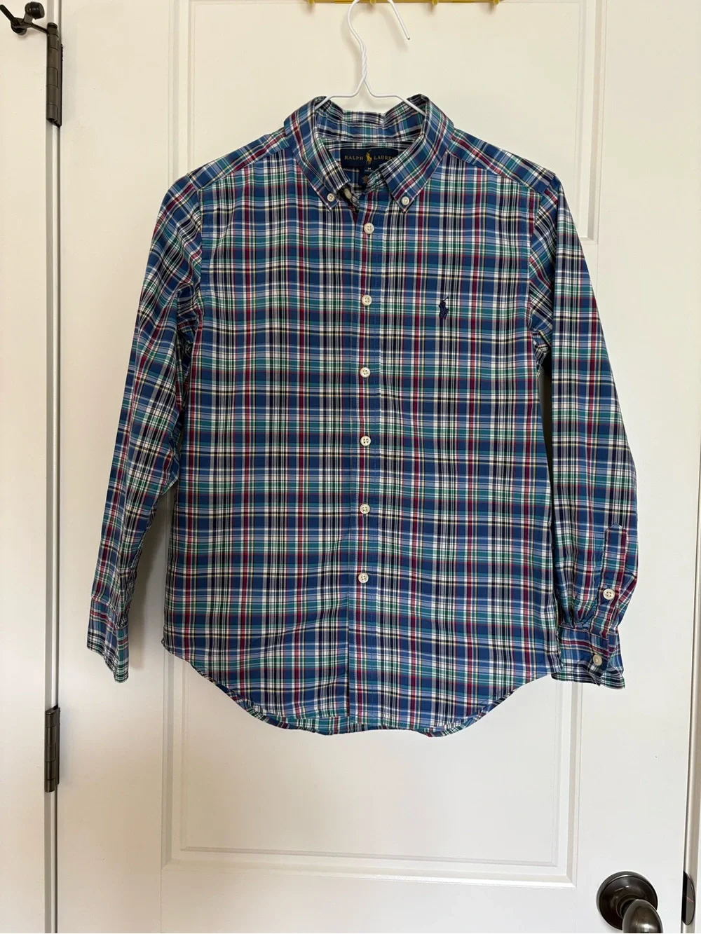Ralph Lauren Boys Blue Green Plaid Button Down Shirt Sz M